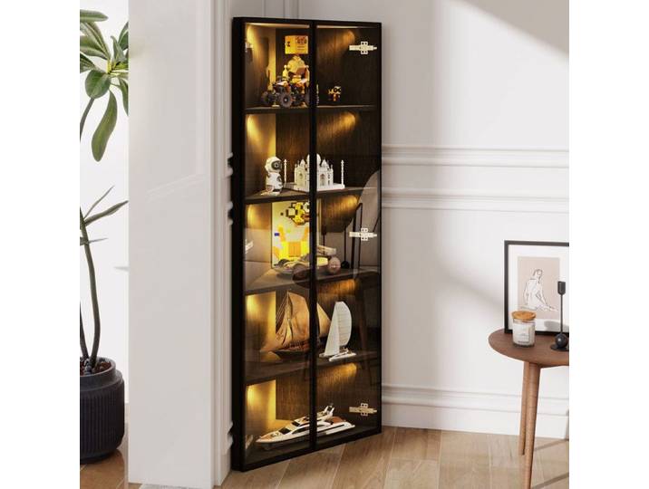 Vitrine d'angle 62x44x160 cm avec porte en verre trempé éclairage LED en MDF noir