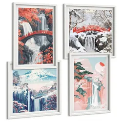 BILDER SET 4er Set - 50x50 cm & 40x60 cm Weißer Rahmen - Wasserfälle, Brücken, Bäume, Jahreszeiten
