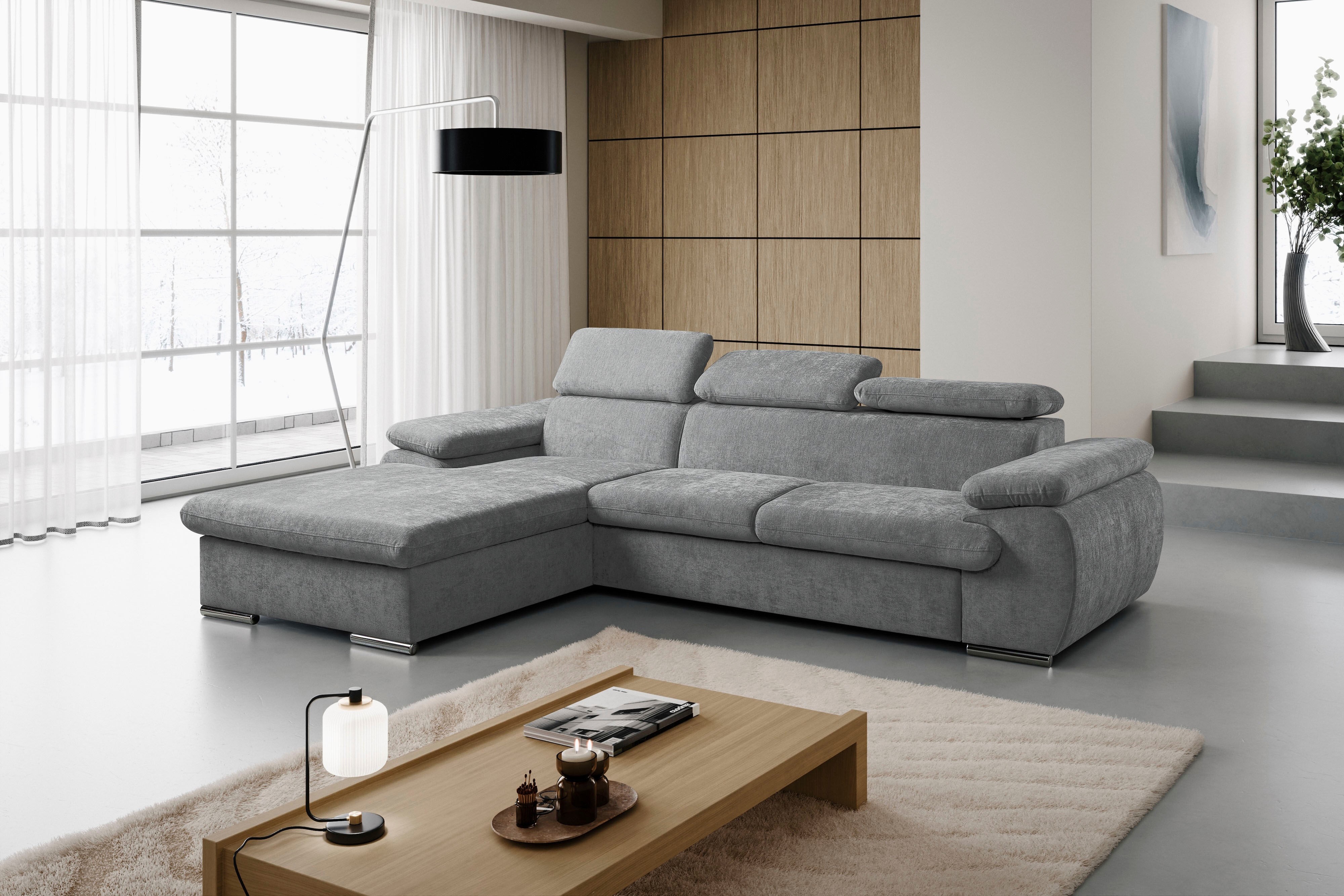 Ecksofa WERK2 "Cosmo 282 cm breit, Multifunktionen, Bettfunktion", hellgrau, B:282cm H:99cm T:192cm, 100% Polyester, Sofas, Ecksofa, Chenille, L-Form, XXL, Schlaffunktion, Bettkasten