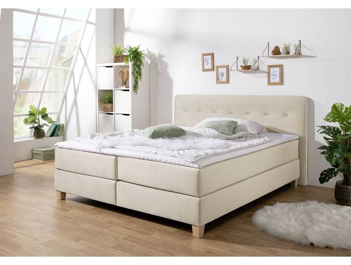 Boxspringbett, 213x207 cm, Strukturstoff & Samt, Beige, Inkl. Topper, Modern, Home-affaire