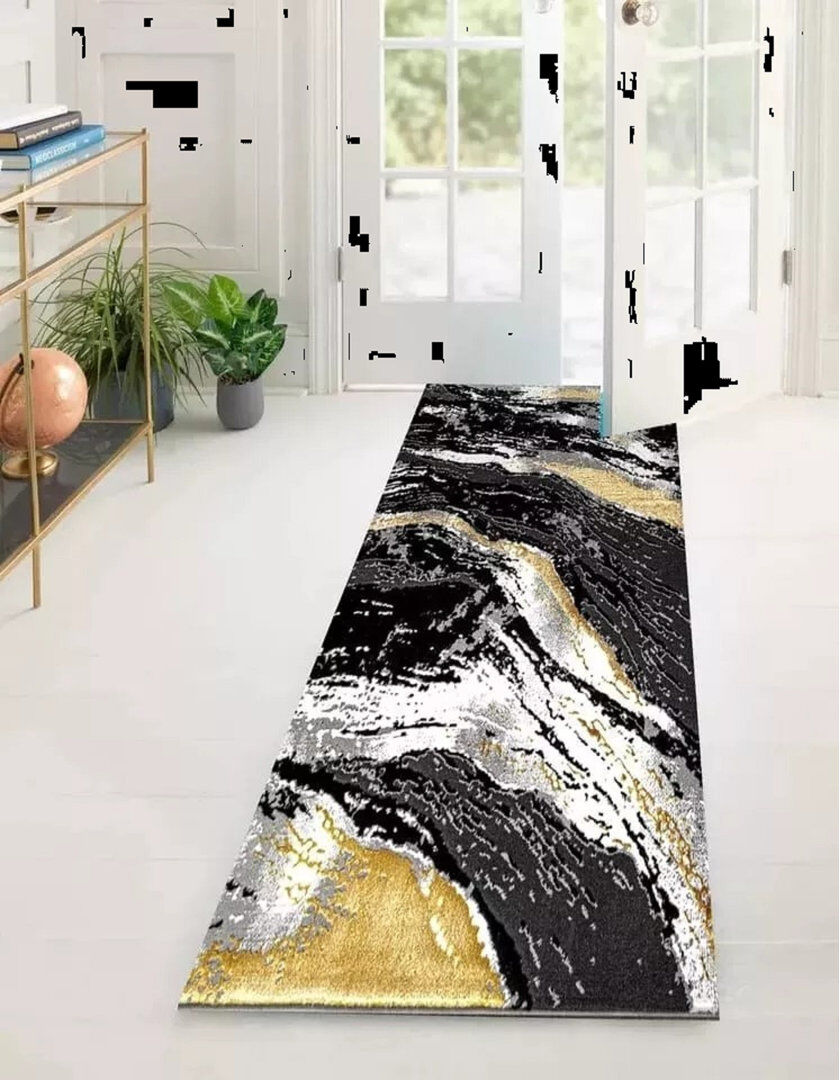 Metro Abstract Flatweave Shaggy Area Rug Black Runner 60 x 220 cm