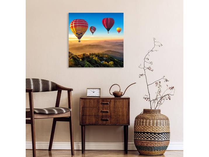 XXL-Wandbild QUEENCE Akustikbild Landschaft mit Heissluftballons , bunt (farbe bild(er): bunt), B:120cm H:120cm T:2,5cm, Polyester, Bilder, XXL-Wandbild, Einfache Akustiklösung ohne Baumassnahme, Schalldämmung, Paneele