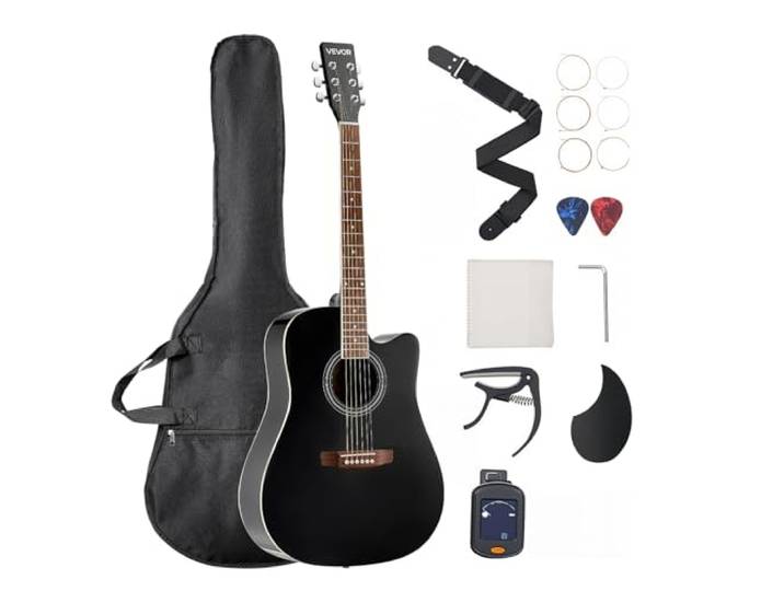 VEVOR Guitare Acoustique Pan Coupé 6 Cordes\, 103 cm\, Table Épicéa Massif Noir\, Fond Acajou\, Touche Palissandre\, avec Housse\, Accordeur\, Sangle\, Médiators\, Capodastre\, pour Fingerpicking\, Solos\, Jazz