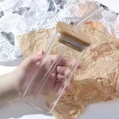 Uplift Treasures Square Heat Resistant Glass Cup With Lid And Straw bamboo Lid 400ml