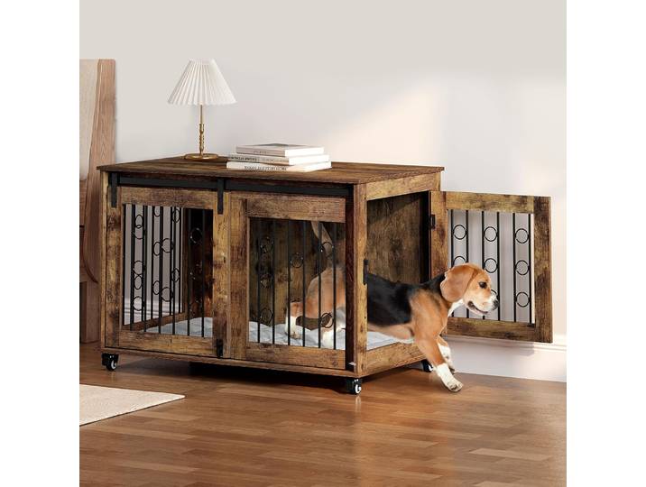 Cage à chien en bois EUGAD de grande taille avec 2 portes, 5 roues, cage surélevée pour chiens de grande, moyenne et petite taille, niche pour chien d'intérieur, meubles rustiques
