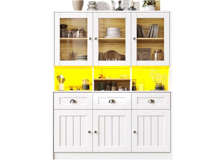 Redom Buffetschrank 140/40/175 cm mit LED-Beleuchtung und verstellbaren Einlegeböden, Weiß, 140x175x40 cm, Esszimmer, Anrichten, Buffetschränke