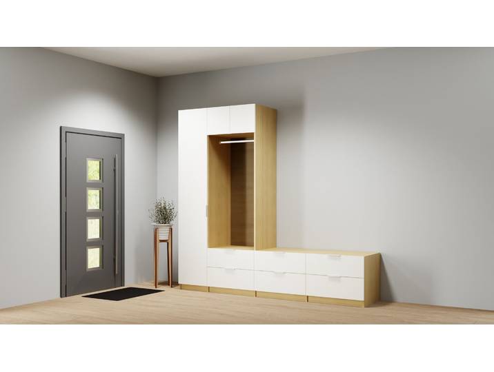 Meuble vestiaire d'entrée avec partie banc et meuble chaussure Mélaminé premium Chêne