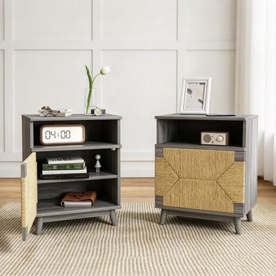 Cusp Barn 2-Pack Farmhouse Nightstands, Bedside Tables with Handmade Paper Rope Woven Door, End Side Table with Adjustable Storage Cabinet