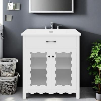 ZWYO HOSIMU "31"" Ceramic Sink Vanity with Tempered Glass Doors, Curved Profile, Soft-Close Storage Cabinet"