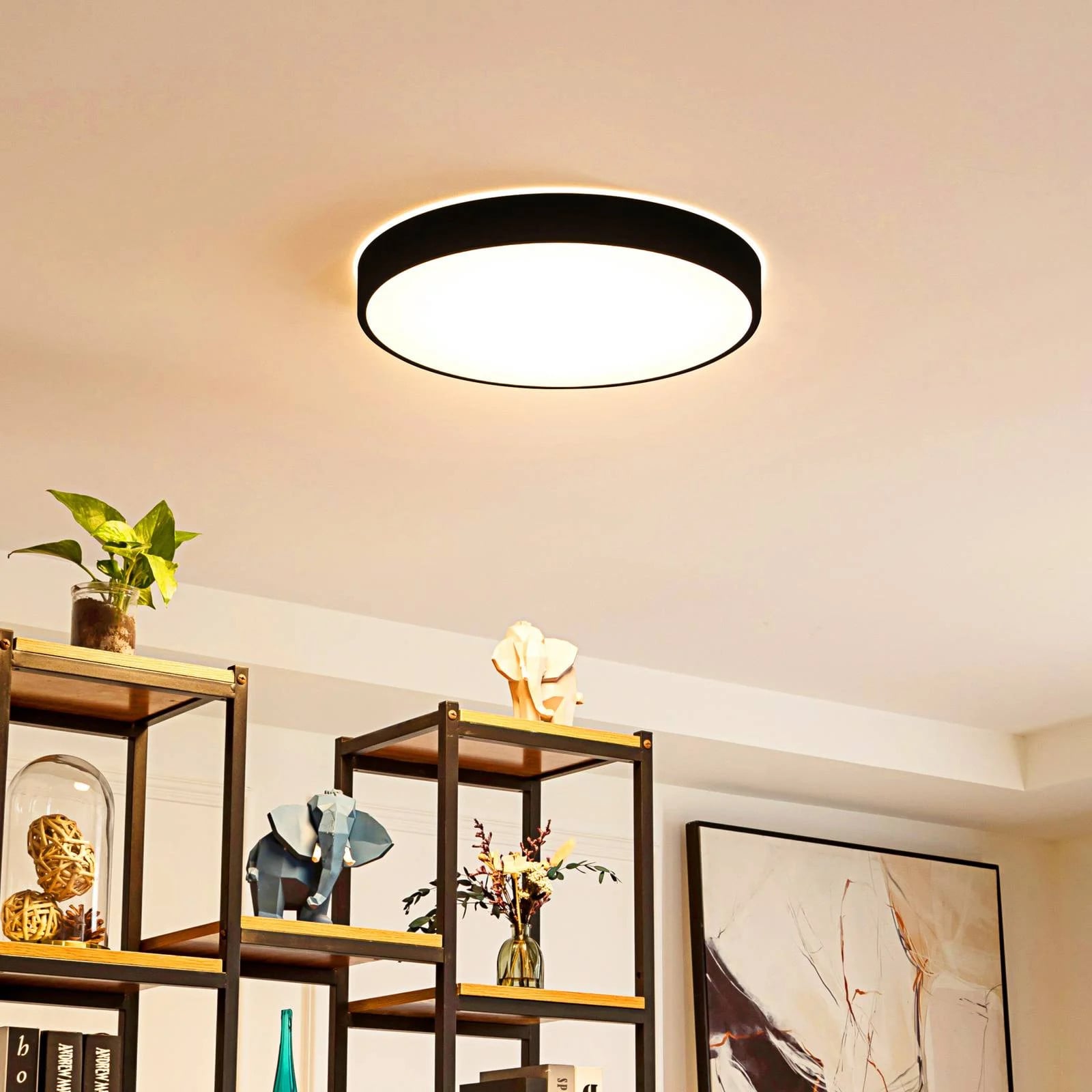 Lindby Innes Slimme Plafondlamp, Zwart, Modern, Dimbaar en RGB, voor Woon- of Eetkamer