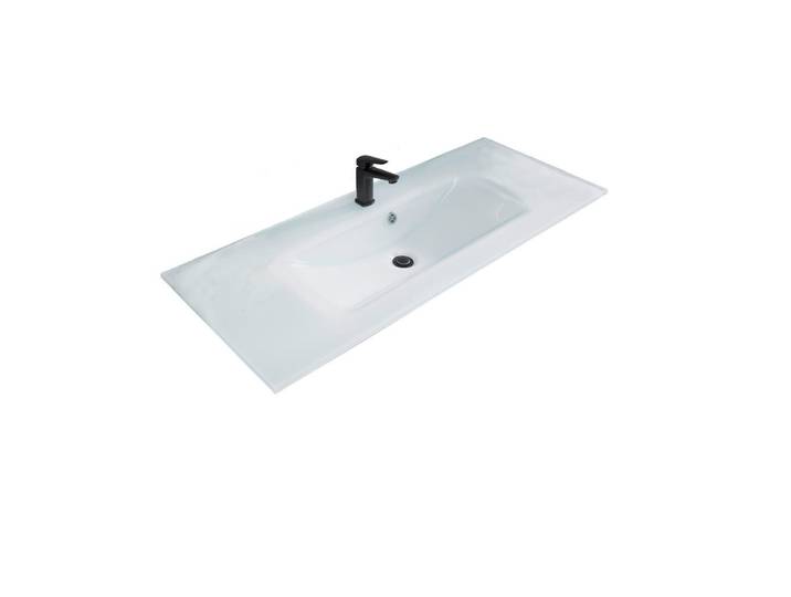 Sadena Waschbecken, Weiß, Glas, 121x15x50 cm, Ab- und Überlaufgarnitur, Badezimmer, Waschbecken & Armaturen, Waschbecken