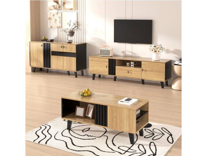 Meubles Salon 3 Pieces Bois Noir Set Moderne FloraGrace Pour Salon Rangements Et LED 100x60x45cm/170x40x50 5cm/140x78 5x41cm