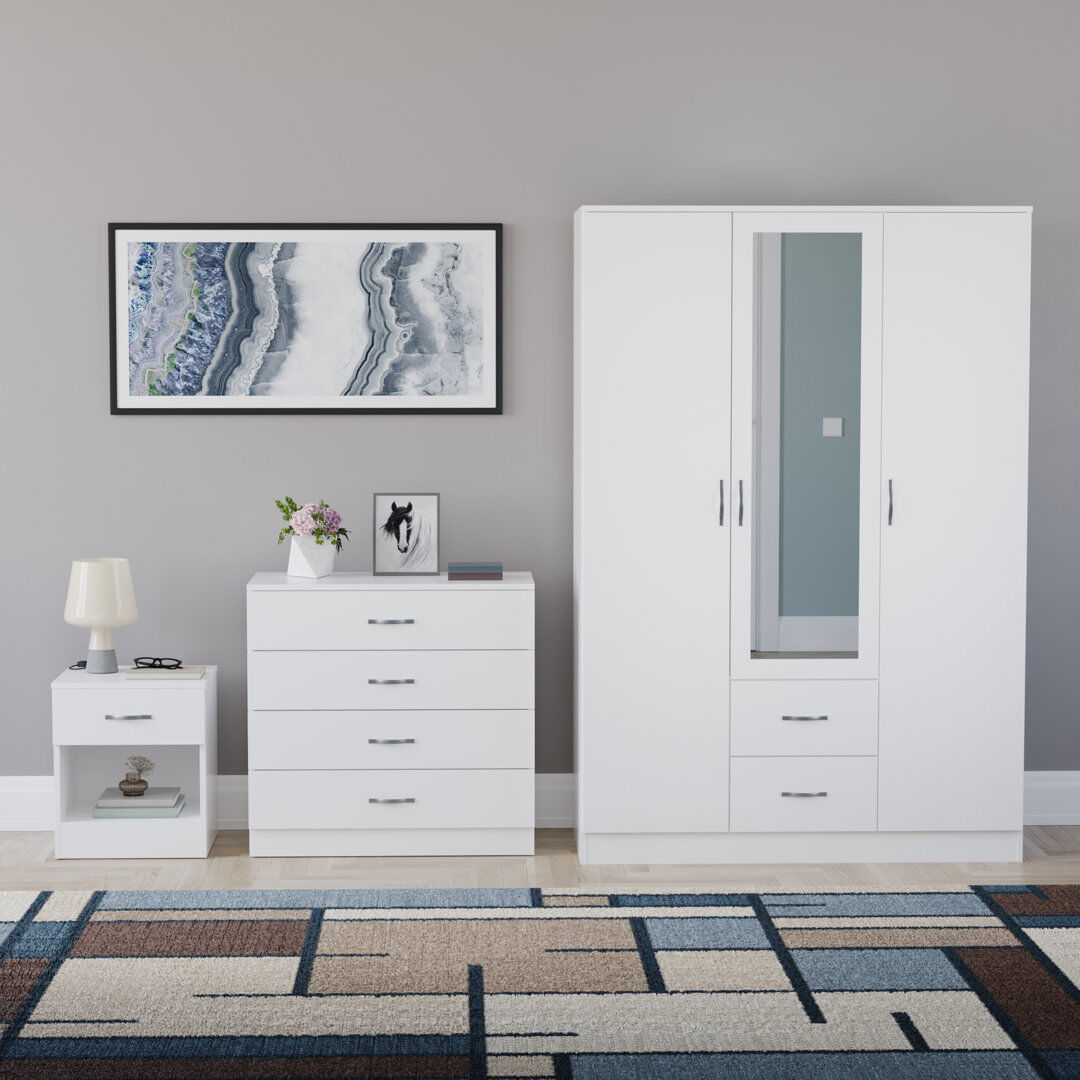 17 Stories Maybery 3 Piece Bedroom Set (1 Drawer Bedside Chest, 4 Drawer Chest, 3 Door 2 Drawer Mirrored Wardrobe), (5) White