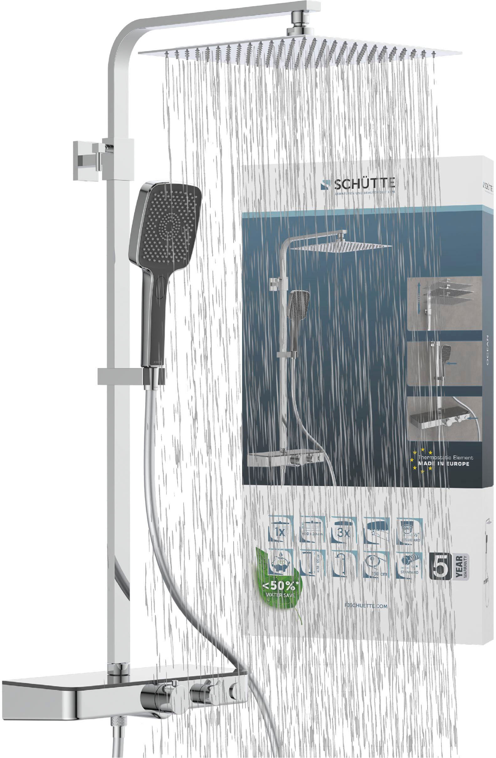 Duschsystem SCHÜTTE "OCEAN", grau (grau, chromfarbend), H:120cm, Stahl, Brausegarnituren, Duschsystem, Sicherheitssperre, höhenverstellb., inkl. Glasablage, Antikalk grau, chromfarbend Einheitsgröße