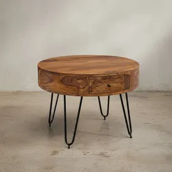 KADIMA DESIGN Couchtisch aus Sheesham-Massivholz mit Schubladen und schwarzen Metallbeinen, Handgefertigt