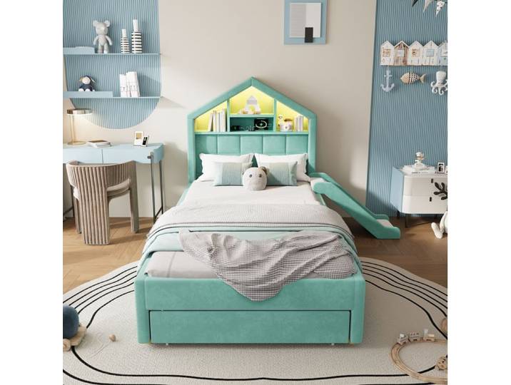 Lit Enfant 90x200 Cm Bleu-Vert Lit Cabane Rembourré FloraGrace Pour Chambre Enfant Toboggan Réversible 214x156x114.5cm