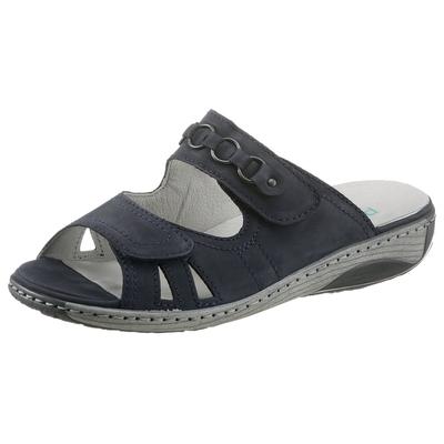 Pantolette WALDLÄUFER "GARDA", Damen, Gr. 3,5, Leder, blau (dunkelblau), Nubukleder, Schuhe Pantolette, Keilabsatz, Sommerschuh, Schlappen mit Schmuckapplikation, Weite G