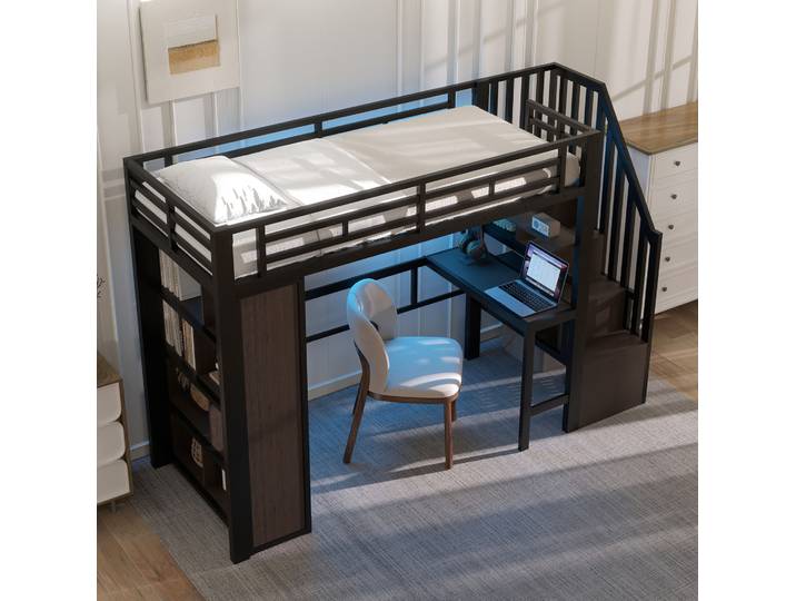 Lit Mezzanine 90x200 Cm Métal/mdf Noir Avec Bureau\, Rangement\, Pour Studio\, Sans Matelas – Meubliv