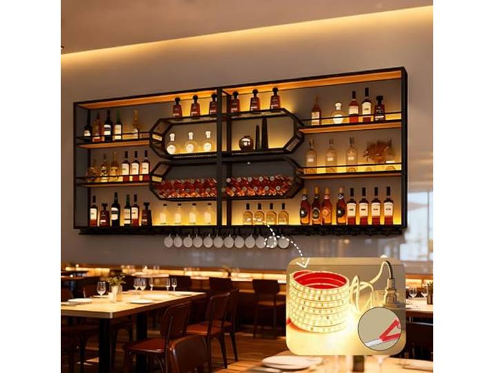 Troupmiye Modernes Wand-Weinregal, 3 Schicht Hängend Bar Regale Aufbewahrung mit Glashalter, Metall Wand montiert Wein Display Rack für Bars Restaurants und Küche (Schwarz, 200cm)