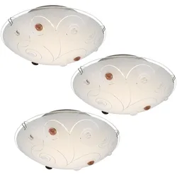 Deckenleuchte Glasschirm Deckenlampe 1-Flammig Wohnzimmer Beleuchtung opal mit Dekorsteinen, Metall chrom Linien, 1x LED 8 Watt 640 lm, 3er Set
