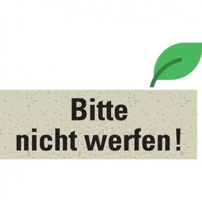 Aufkleber I Hinweisetikett Bitte nicht werfen!, weiß, Graspapier, selbstklebend, 147x50mm, 6/Bogen