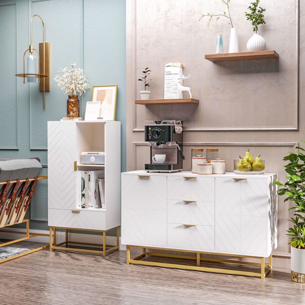 Homcom Buffet design contemporain graphique 2 portes 3 tiroirs blanc doré Blanc 120x76x40cm