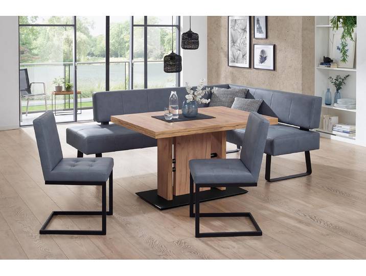 Essgruppe, Microfaser Blau, 227 cm, Ausziehbarer Tisch & 2 Freischwinger, K+W