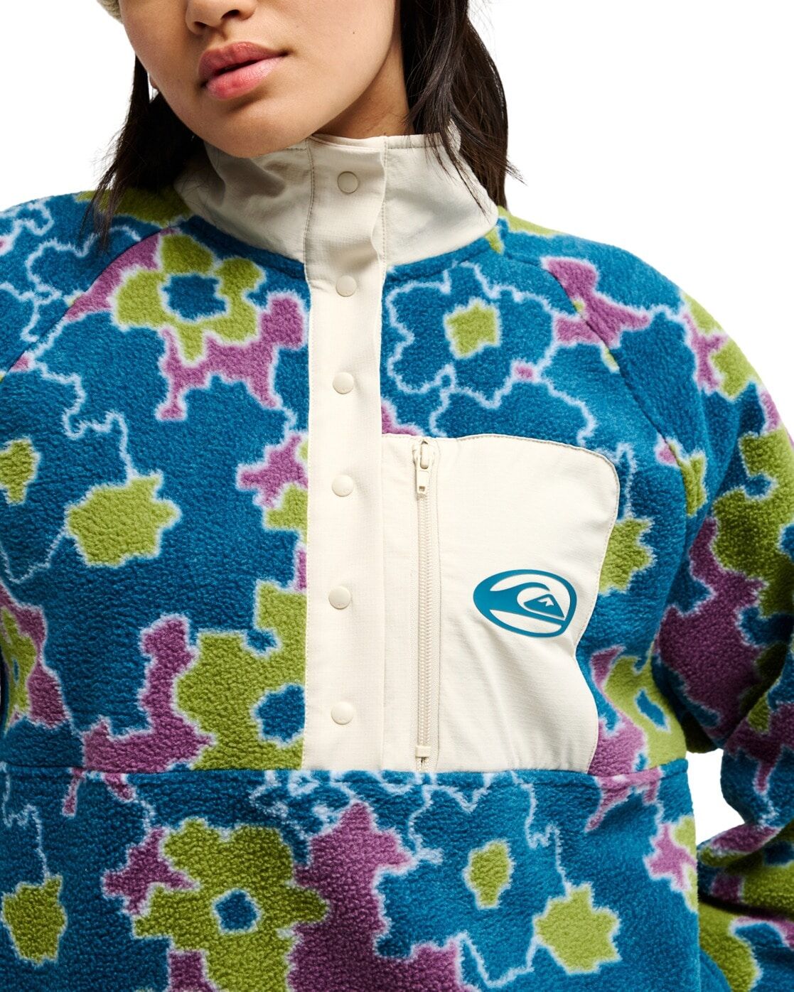 Fleecepullover QUIKSILVER "Renek Polar", Damen, Gr. L, bunt (calliste grün pixelated flowe), Obermaterial: 100% Polyester., Pullover Fleecepullover