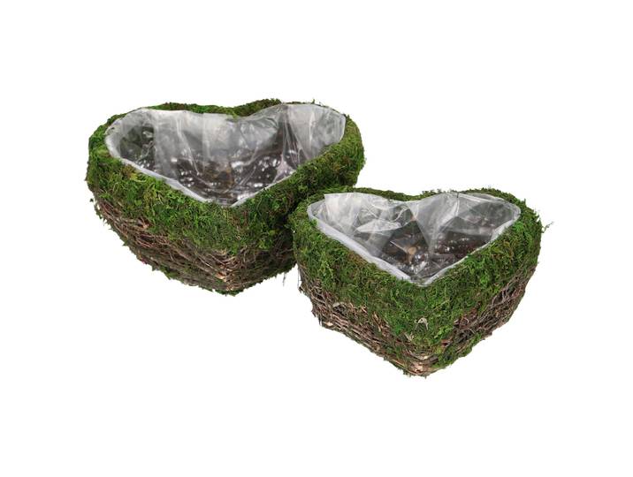 2er-Set Dekoschalen Natur Herz mit Ästen und Gras, natürliche Pflanztöpfe mit Innenfolie
