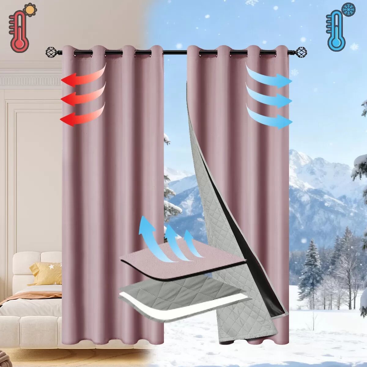 INF Rosa Thermovorhang Verdunkelung 132x241cm - Winddicht & Warm