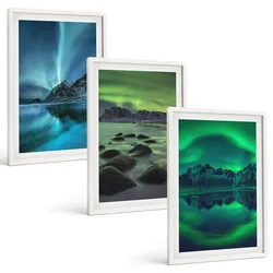 BILDER SET 3er Set - 40x60 cm Weißer Rahmen - Winterlandschaft der Aurora borealis