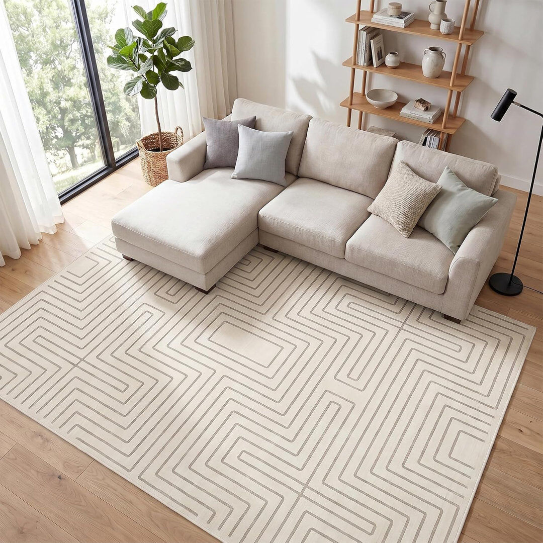 Brayden Studio Rectangle Geometric Synthetic Area Rug Beige 200 x 300 cm