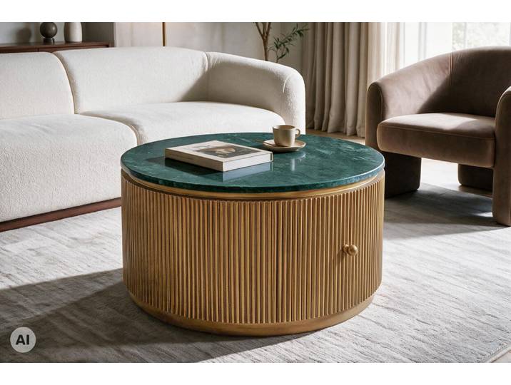 Runder Couchtisch VENEZIANO 70cm Mangoholz messing Marmorplatte grün mit Schublade Sofatisch Wohnzimmertisch Säulentisch Modern & Design
