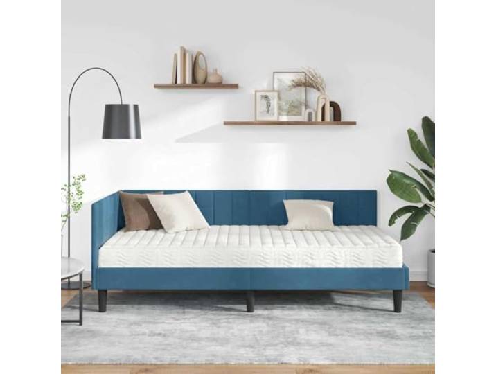 KTHLBRH Eckbett aus blauem Samt mit Einzelbett-Matratze Robustes Sperrholz, mittlerer Schaumstoff, verstellbares Kopfteil, pflegeleicht