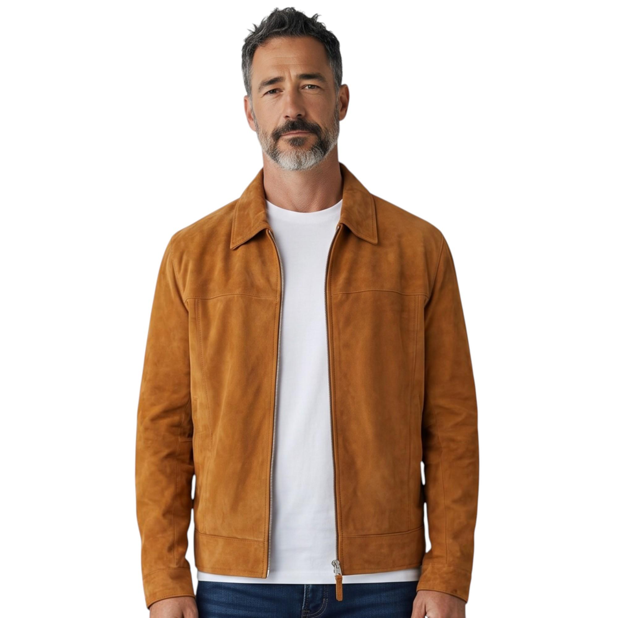 Herren Tan Goat Wildleder Harrington-Bikerjacke – Bursa