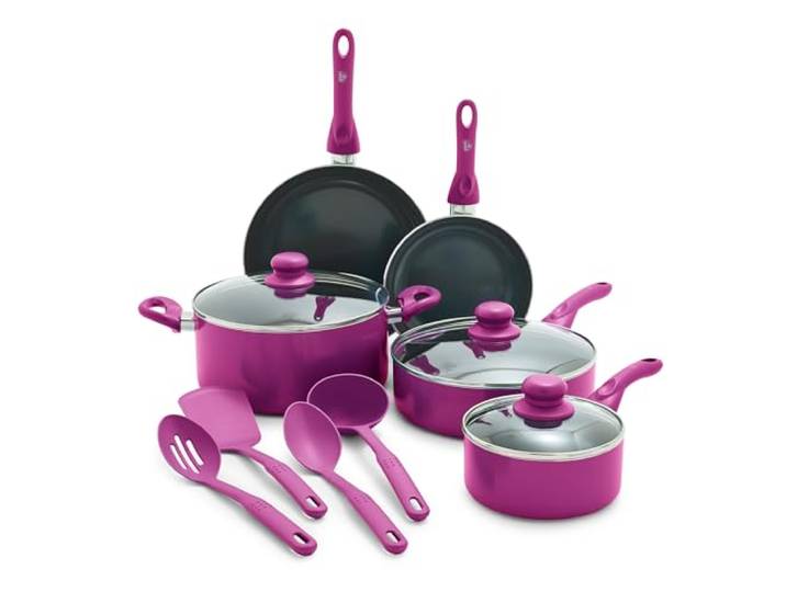 GreenLife Essentials 12-teiliges Kochgeschirr-Set, PFAS-freie Keramik-Antihaft-Töpfe & Pfannen, Induktionsbereit für alle Herdarten und Küchenutensilien, spülmaschinenfest, Magenta Pink