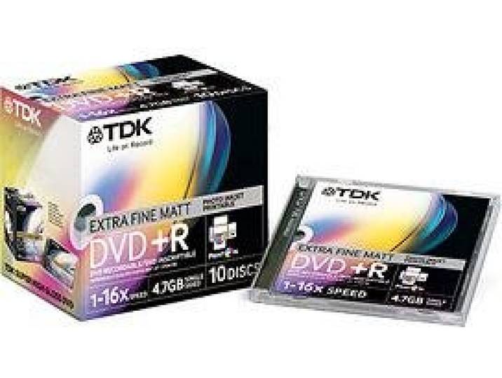 TDK DVD+R Inkjet Printable Extra Fine Matt 10-p Jewel Case 4,7 GB 1 stuk - DVD+RW (4,7 GB, DVD+R, 120 mm, 1 stuk, polycarbonaat, juwelendoos)