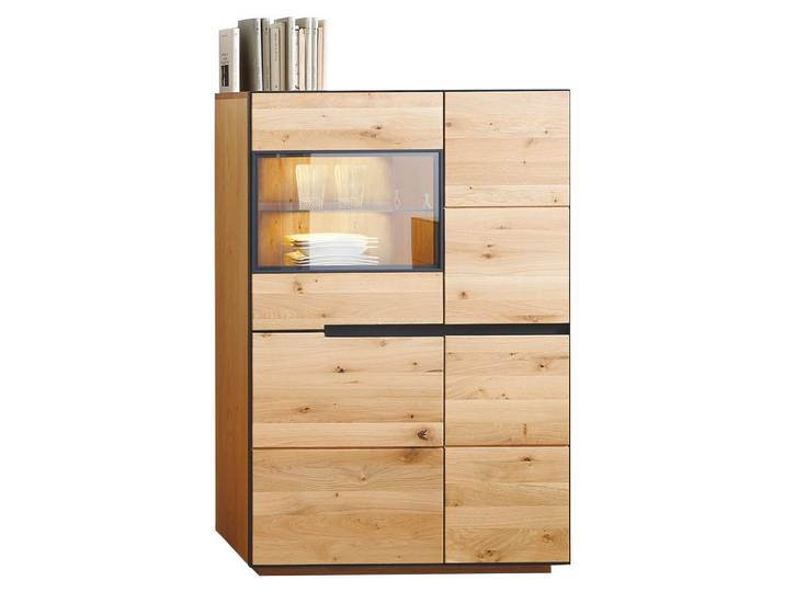 Linea Natura Highboard, Anthrazit, Eichefarben, Holz, Metall, Glas, Eiche, furniert, massiv, 4 Fächer, 89x136x38 cm, Beimöbel erhältlich, Kleinmöbel, Kommoden, Highboards
