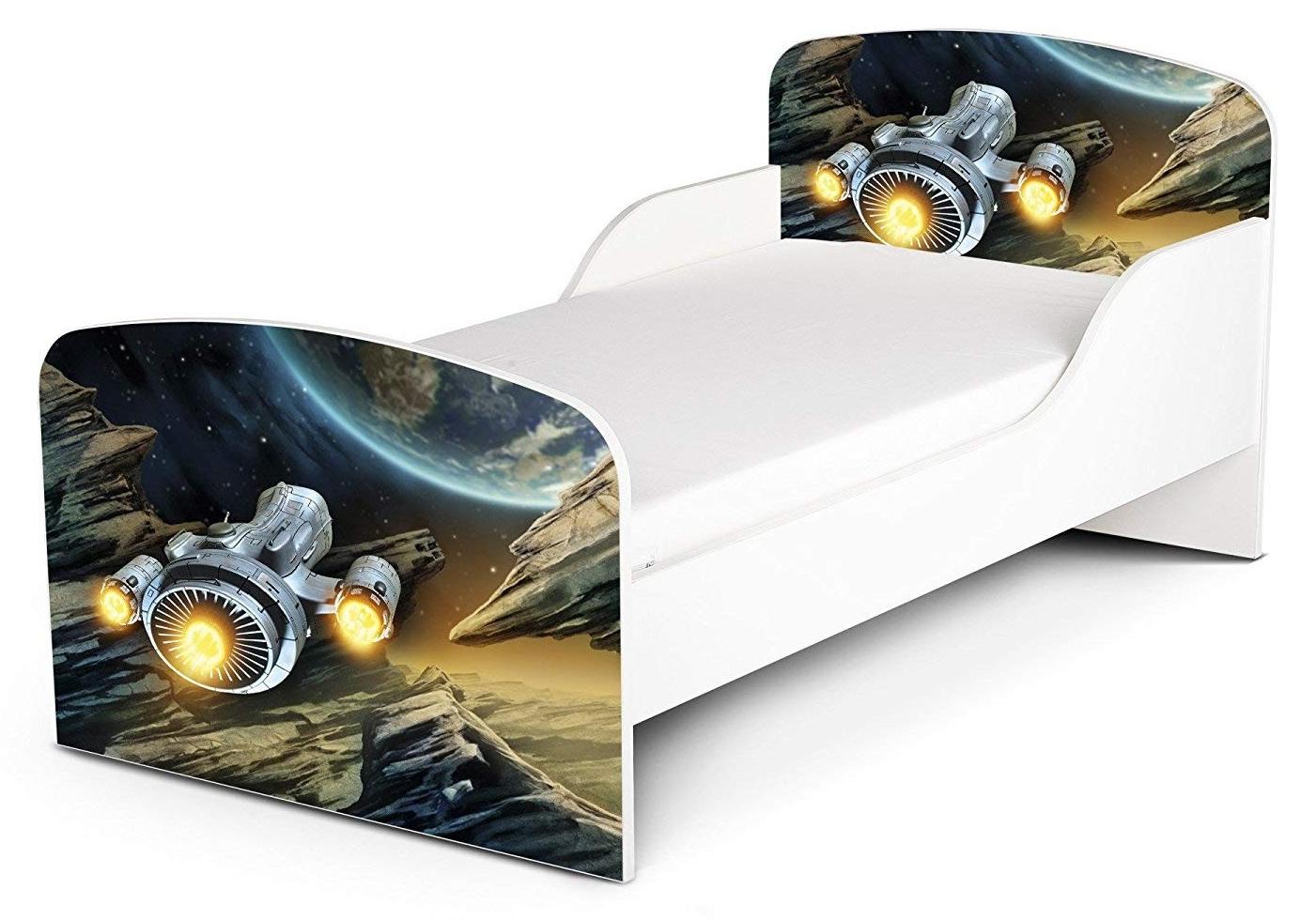 Modernes Weißes Kinderbett mit Matratze 140x70cm und UV-Druck (Universum)