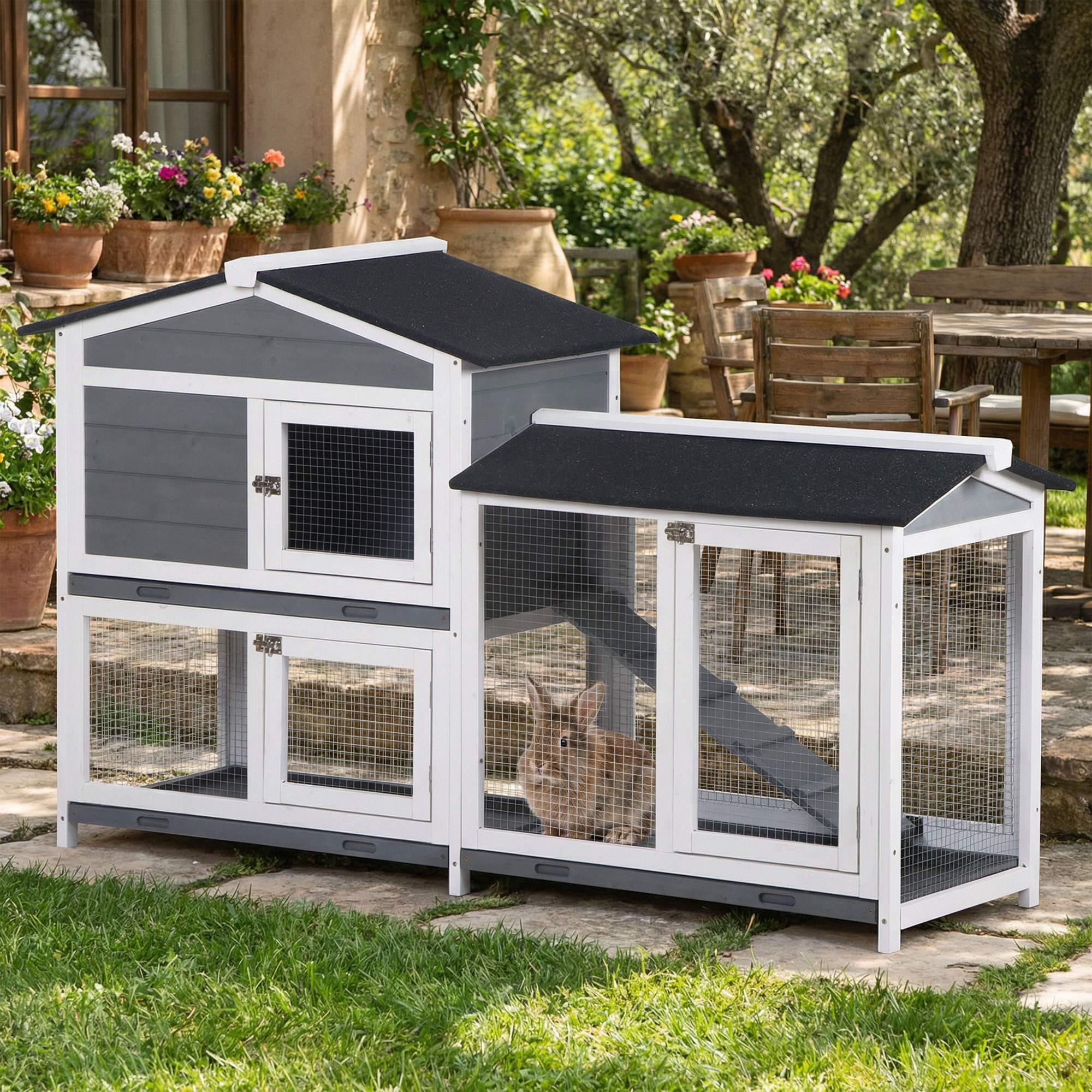 Pawhut Conigliera Gabbia per Conigli con Recinto Rampa Piccolo Animale in Legno a 2 Piani Vassoio 157,4x53x93,5cm Grigio   Aosom Italy