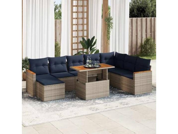 KTHLBRH Gartenmöbel-Set 9-teilig mit grauen Kissen aus Polyrattan Outdoor Lounge, 9-Sitzer, Tisch mit verstellbarer Tischplatte, Fußstütze, Sitzflächen mit wasserdichter Aufbewahrungsbox