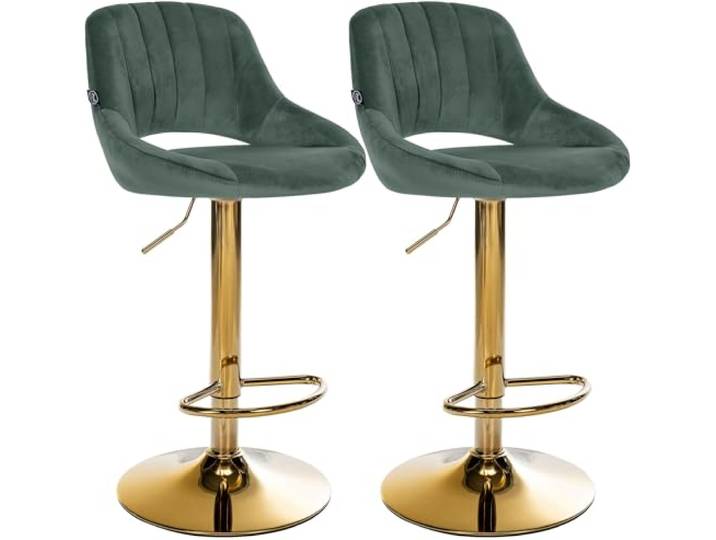 CLP Barhocker 2er Set höhenverstellbar mit Lehne Milet, Barstühle gepolstert Samtbezug, Tresenstühle mit Metallgestell drehbar Farbe grün Material Gestell Metall Gold