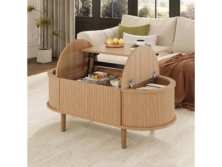 Crlnaup Ovaler, Verstellbarer Couchtisch,mit Stauraum, Vintage-Stil, Wohnzimmer-Couchtisch, multifunktionaler Aufbewahrungstisch, Beine aus Massivholz, modernes Multifunktionsmöbel.