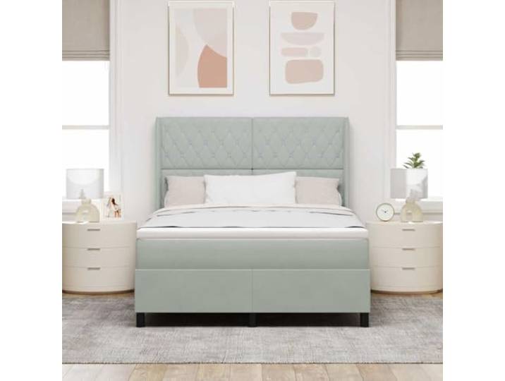 KTHLBRH Doppelbett Samt Hellgrau 140 x 190 cm Taschenfedern, verstellbares Kopfteil, Struktur aus Holz, selbsttragend