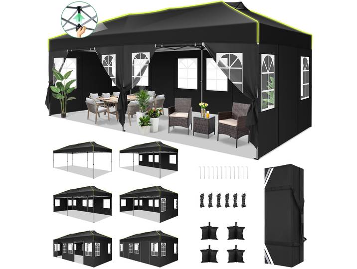 Gazebo pliant 3x6m, auvent Pop-Up, tente de fête étanche avec 6 parois latérales, protection UV pour jardin, extérieur, mariage Commercial