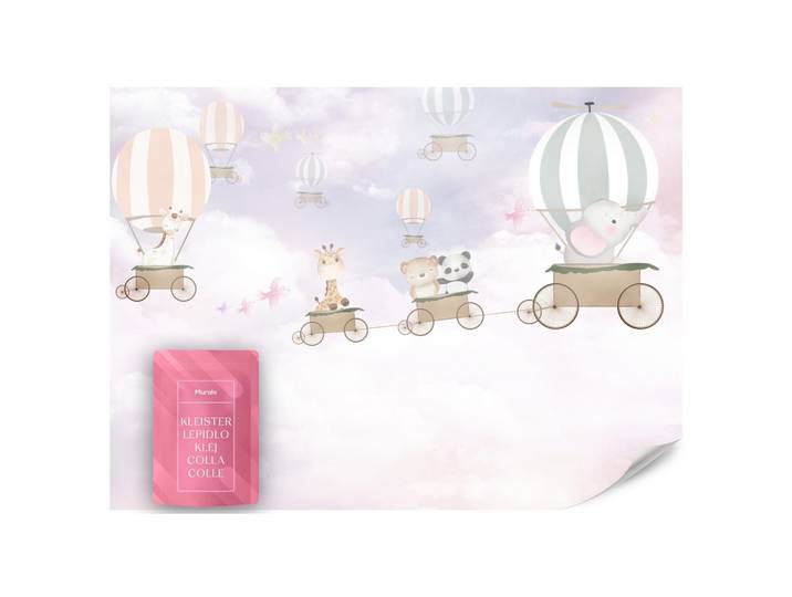 FOTOTAPETE für Kinderzimmer Tiere Wolken Luftballons 200x140
