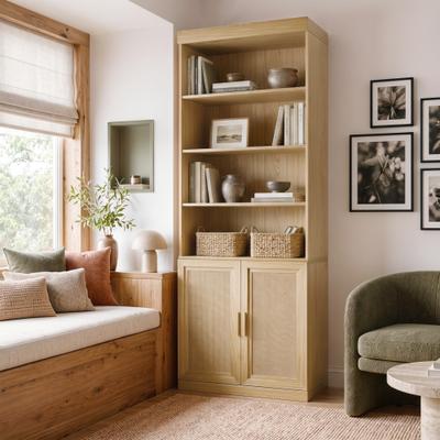 Lirago 5-Tier Tall Storage Cabinet with Rattan Doors Wooden Freestanding Bookshelf Boho Display Bookcase Organizer - N/A