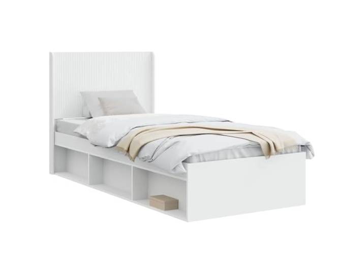 PUGYNBK Bettgestell mit Stauraum und Kopfteil, Weiß Robustes Holz, atmungsaktive Lamellen, Seitenfächer, minimalistisches Design