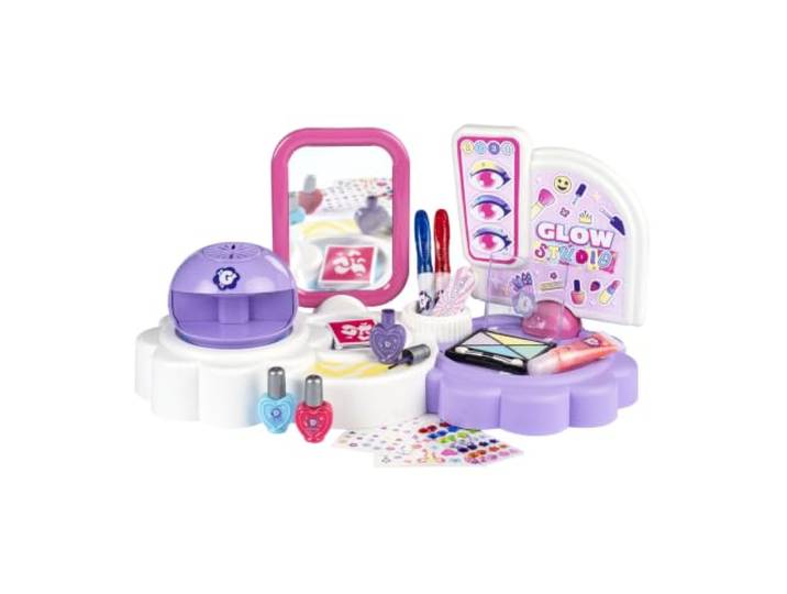 Smoby Glam Me Up 3-in-1 Glow Station. Beauty-Studio mit Make-up, Maniküre und temporären Tattoos. Enthält abziehbaren Nagellack, Nageltrockner, Make-up-Palette, temporäre Tattoos und Strasssteine.