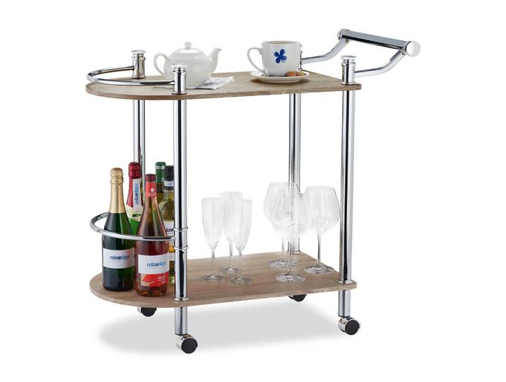 Relaxdays Servierwagen Braun Sonoma Eicheoptik 2 Etagen Rollen 76x82x39 cm, Silberfarben, Metall, 82x76x39 cm, Esszimmer, Servierwagen